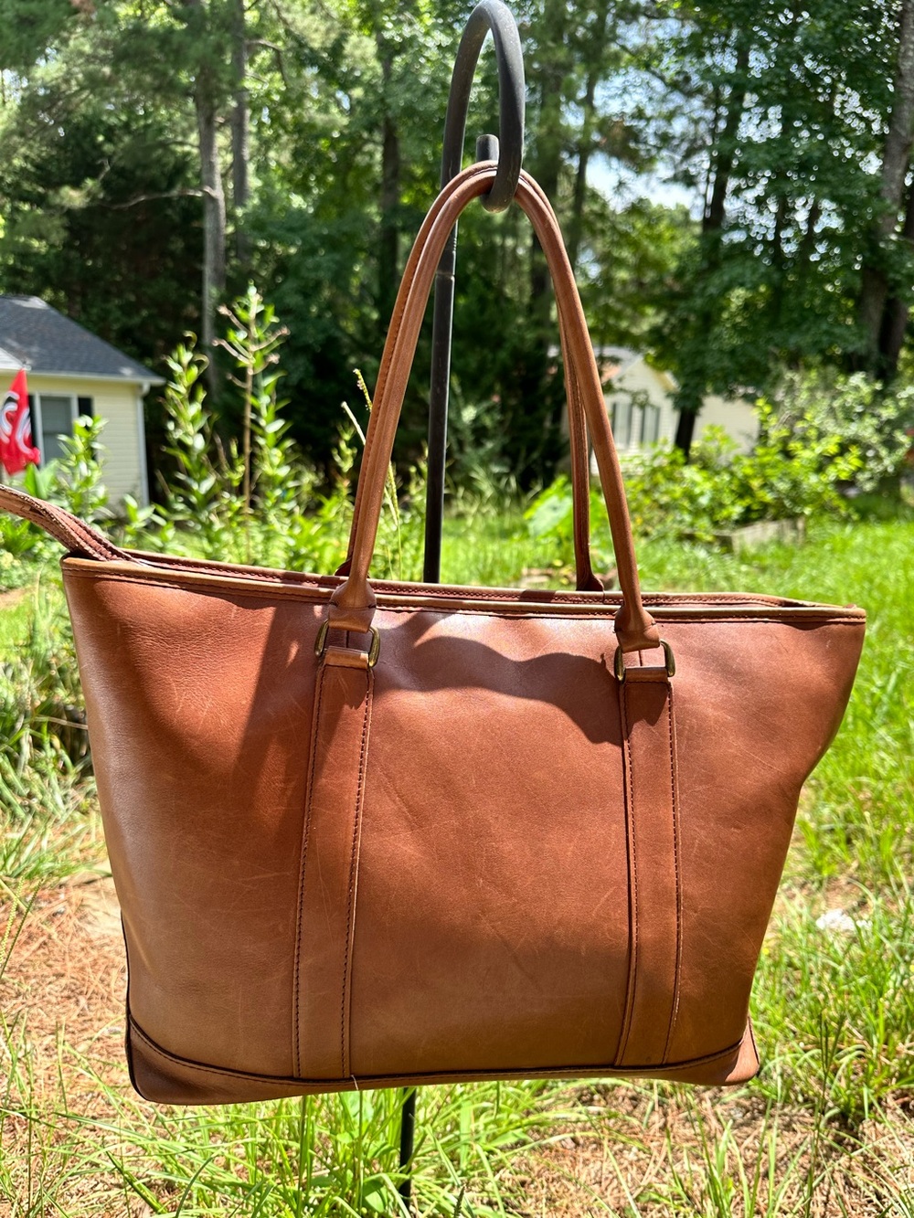 Vintage LL Bean Field Town Genuine Leather Tote Shoulder Bag Animal Print Lining